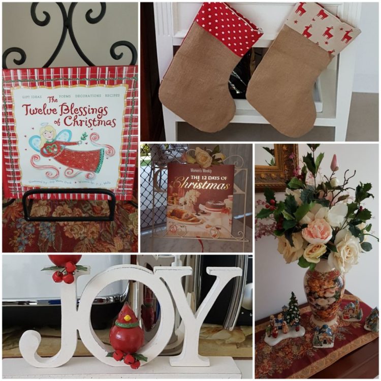 Holiday decorations from Samantha's home -- stockings, Joy 3D statue/sign.