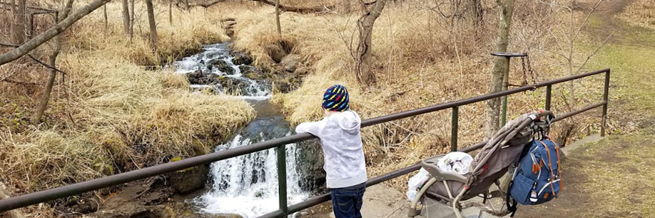 Boy and sibling in stroller on bridge looking at creek.