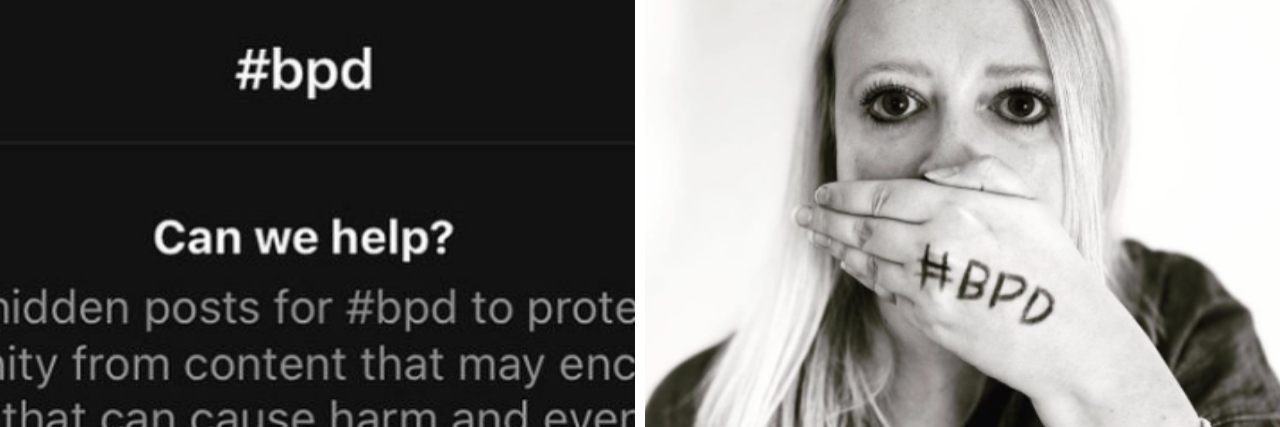Side-by-side images, one showing a screenshot of Instagram's #BPD page block, the other a woman with shoulder-length blonde hair with her hand over her mouth with #BPD on her hand