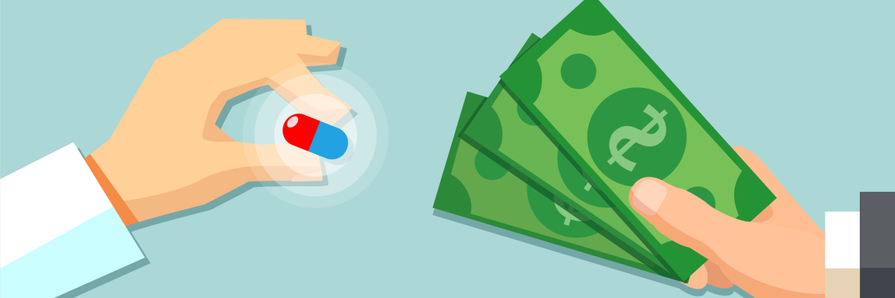Federal Drug Rule Directs Insurers to Reveal Prescription Drug Costs Illustration of a hand holding a pill in exchange for cash