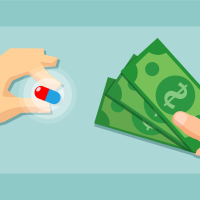 Illustration of a hand holding a pill in exchange for cash