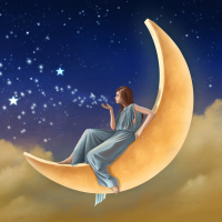 Girl on the moon, blowing stars and magic dust in the sky.