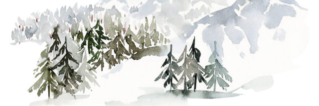 Winter watercolor landscape with mountains and trees