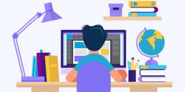 Drawing of boy at computer.