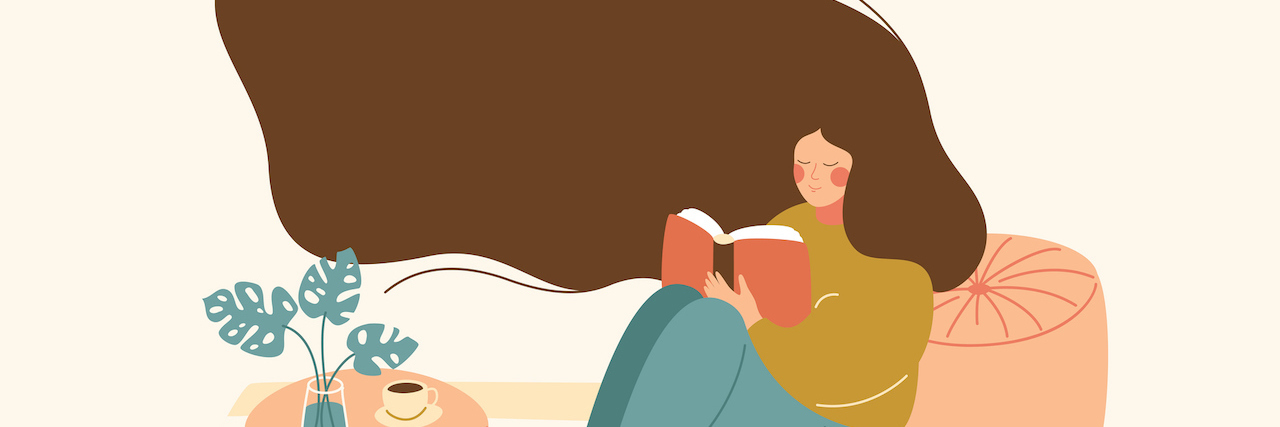 Learning About Myself Through Eating Disorder Recovery Illustration of Young woman sitting on floor and reading book.