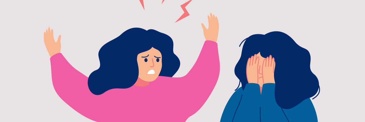 Angry woman yells at crying woman who is covering her face with her hands illustration