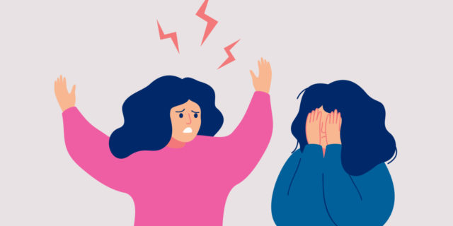 Angry woman yells at crying woman who is covering her face with her hands illustration