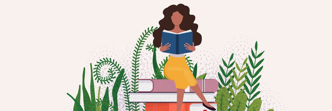Illustration of woman of color reading an sitting on top of a pile of books
