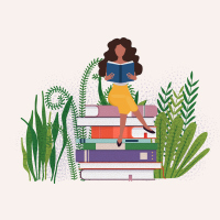 Illustration of woman of color reading an sitting on top of a pile of books