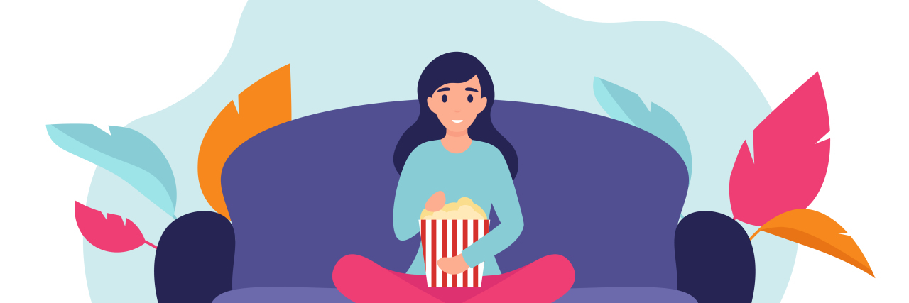 illustration of woman sitting at home on a couch with crossed legs and popcorn