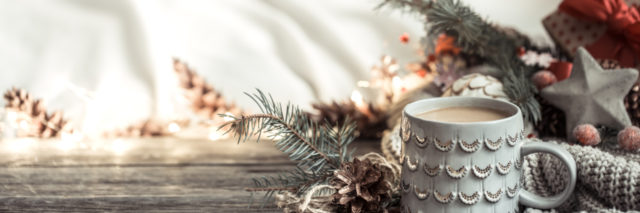 Holiday decorations and mug.