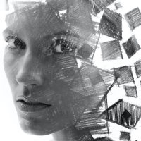 Paintography portrait of woman combined with an abstract illustration
