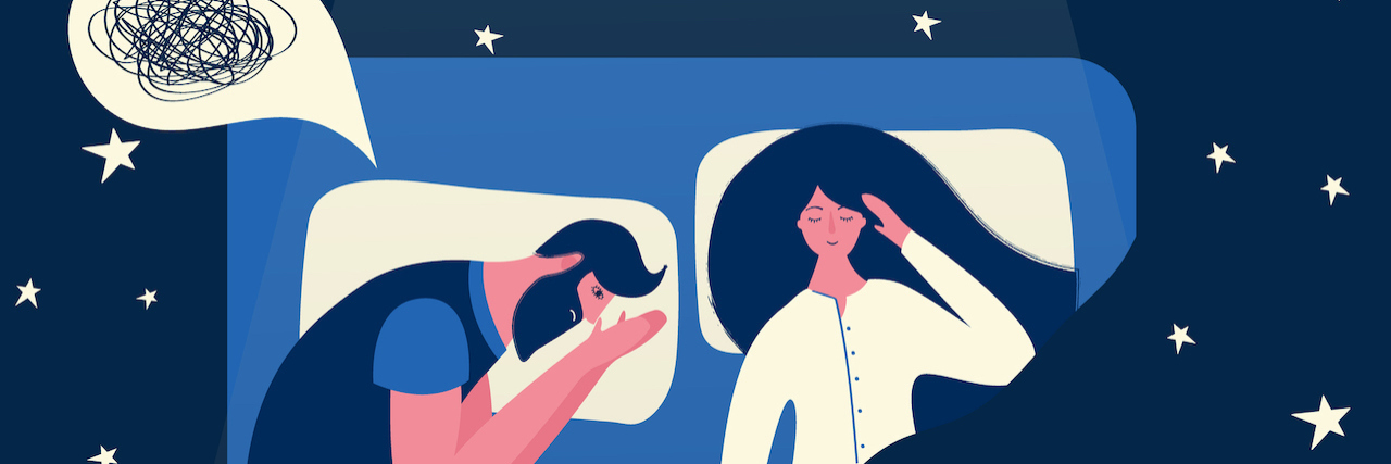 3 Steps for Coping With Anxious, Negative Thoughts at Night Illustration of man and woman lying in bed. The man has a thought bubble over his head of squiggles because he can't sleep, while the woman sleeps soundly.
