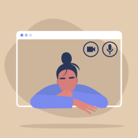 Illustration of woman shown through computer video call screen