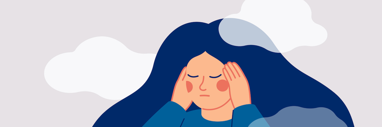 Parenting While Managing the Fog of Depression Illustration of woman holding her temples with her hands, surrounded by small clouds