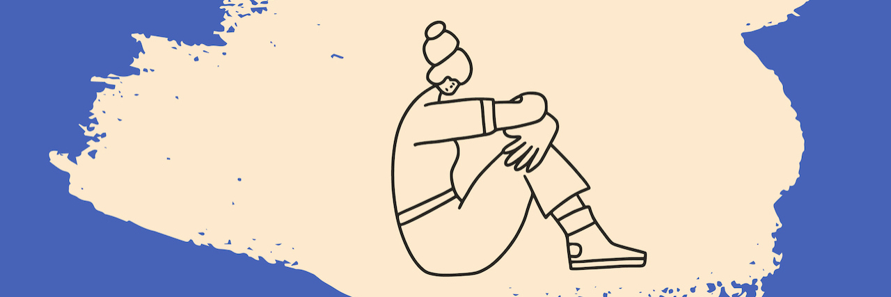 Why Adults Need to Be More Informed About Self-Harm An illustration of a a woman sitting holding her legs, with lines coming out of her head