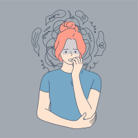 An illustration of a woman nervously biting her nails