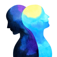 Watercolor painting of profile two heads connected to one another