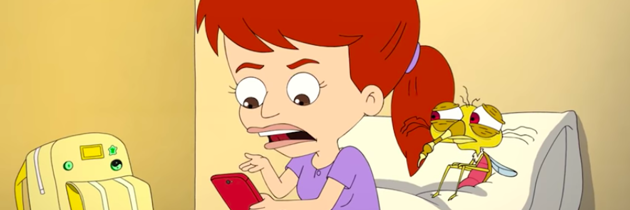 Screenshot from "Big Mouth" showing an animated red-headed girl sitting on her bed with a mosquito hovering over her shoulder