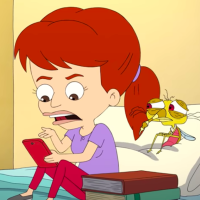 Screenshot from "Big Mouth" showing an animated red-headed girl sitting on her bed with a mosquito hovering over her shoulder