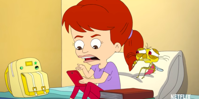 Screenshot from "Big Mouth" showing an animated red-headed girl sitting on her bed with a mosquito hovering over her shoulder