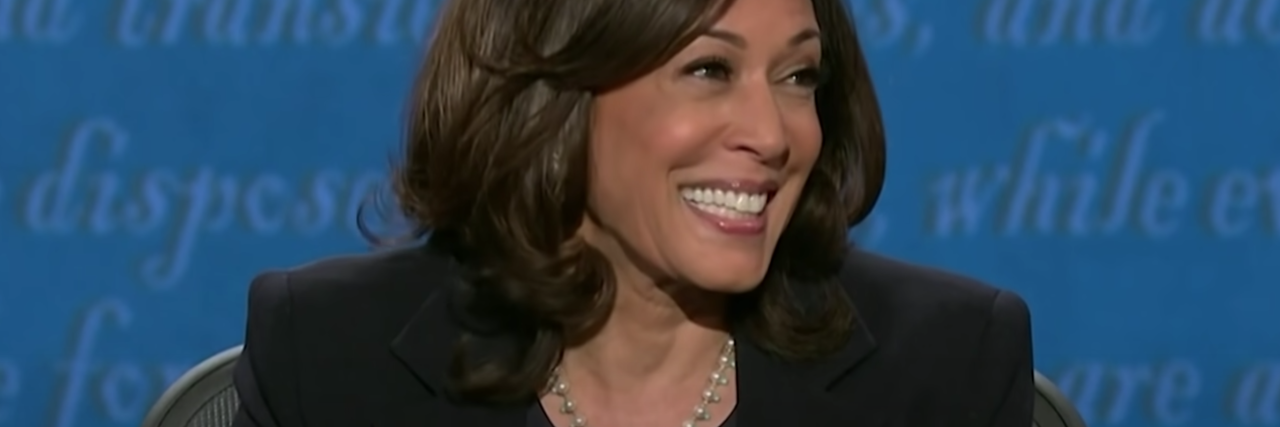 Kamala Harris: 'I Am Speaking' Is Important To Me as a Trauma Survivor screenshot of Kamala Harris during vice presidential debate, smiling off camera
