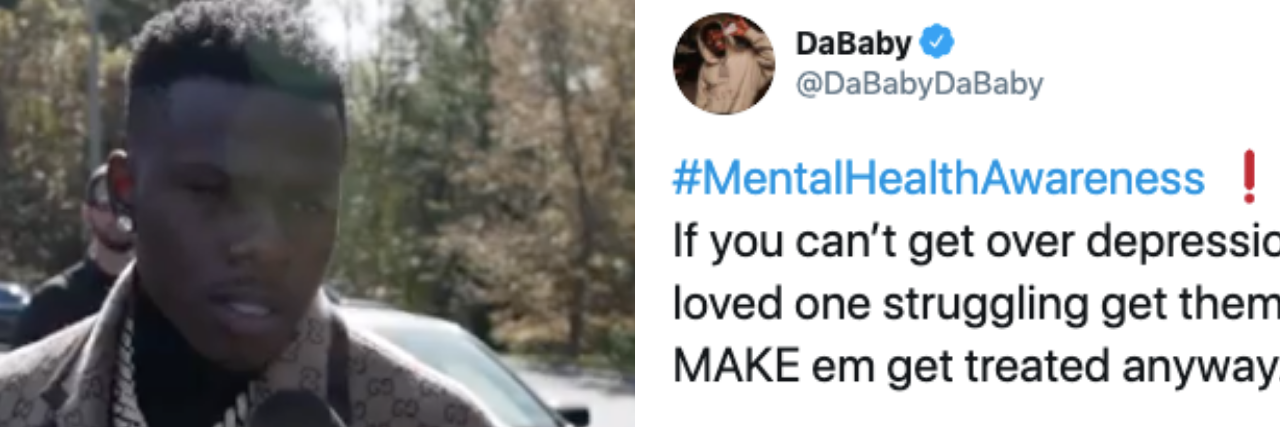 Split screen of rapper DaBaby next to his tweet about mental health awareness