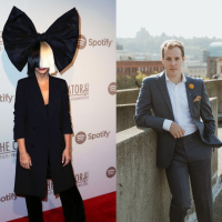 Left: Sia wearing a large bow on her head. Right: Mickey Rowe standing on an outdoor deck.