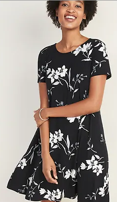 T-shirt dress, black with white flowers.