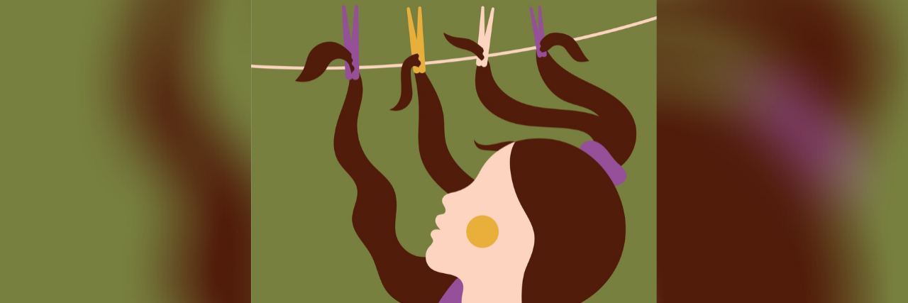 Illustration of woman with long hair that is divided up and clipped onto clothesline