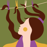 Illustration of woman with long hair that is divided up and clipped onto clothesline