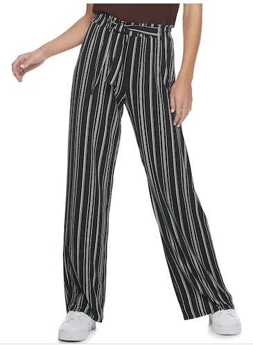 Loose black pants with white stripes.