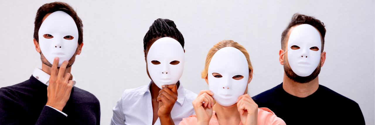 People wearing blank masks.
