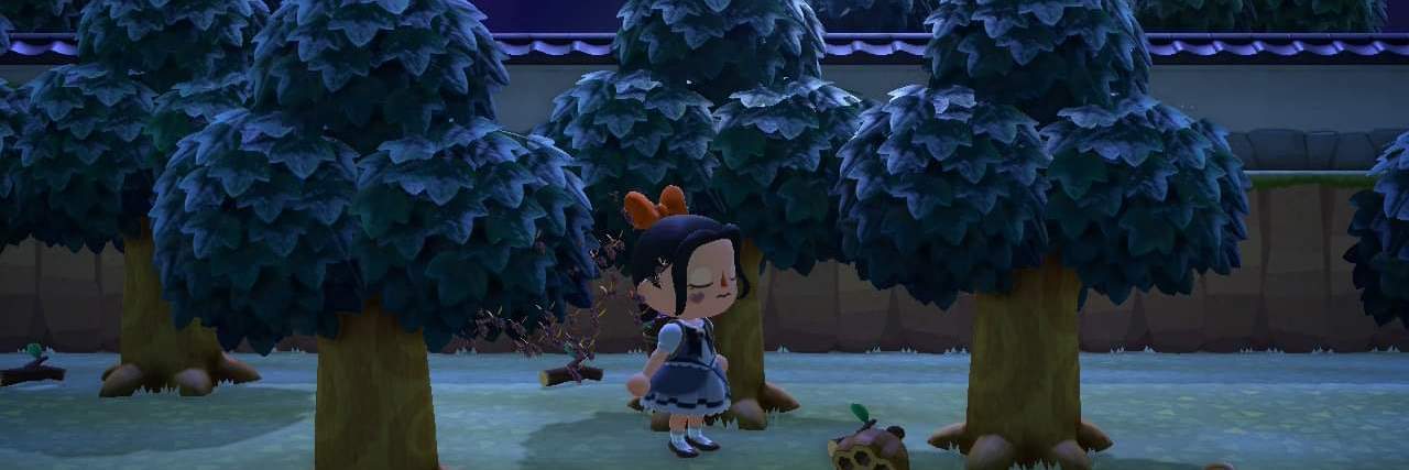 A screenshot from a character in Animal Crossing, sitting under trees