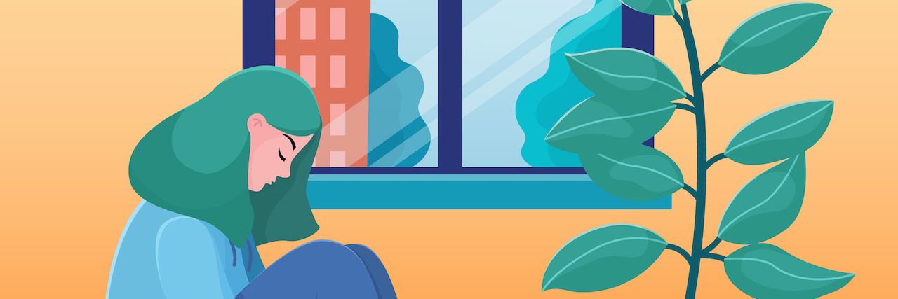 How Unexpected Grief Has Appeared in My Trauma Recovery Journey Illustration of woman sitting on floor at home, her head bent downwards in sadness