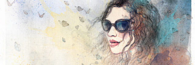 watercolor painting of a white woman with red, curly hair and sunglasses looking off into the distance with butterflies around her