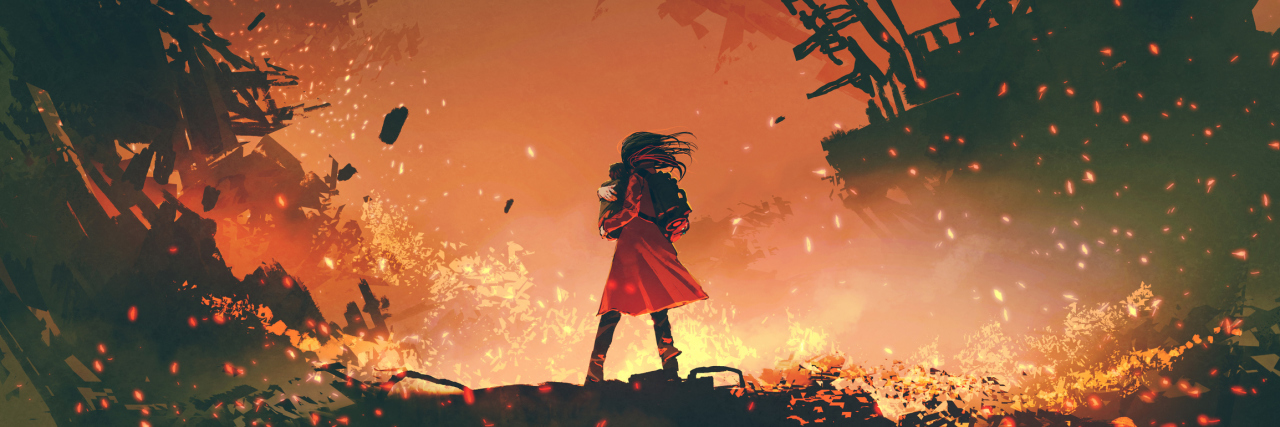 illustrated image of a woman in a fiery red dress looking out into a burning city around her