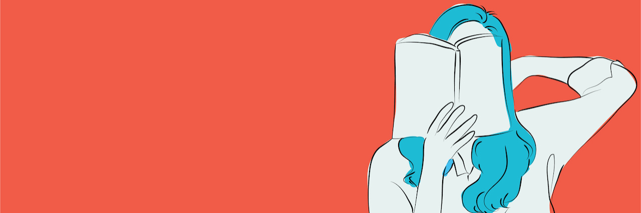 A List of Mental Health Books You Might Relate To illustration of a woman reading a book, the book is blocking her face
