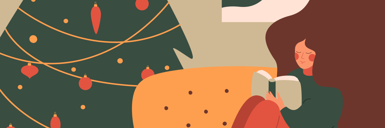 How To Cope With Depression Over the Holidays illustration of a woman sitting on a couch with a book, a christmas tree in the background and snow falling out of the window