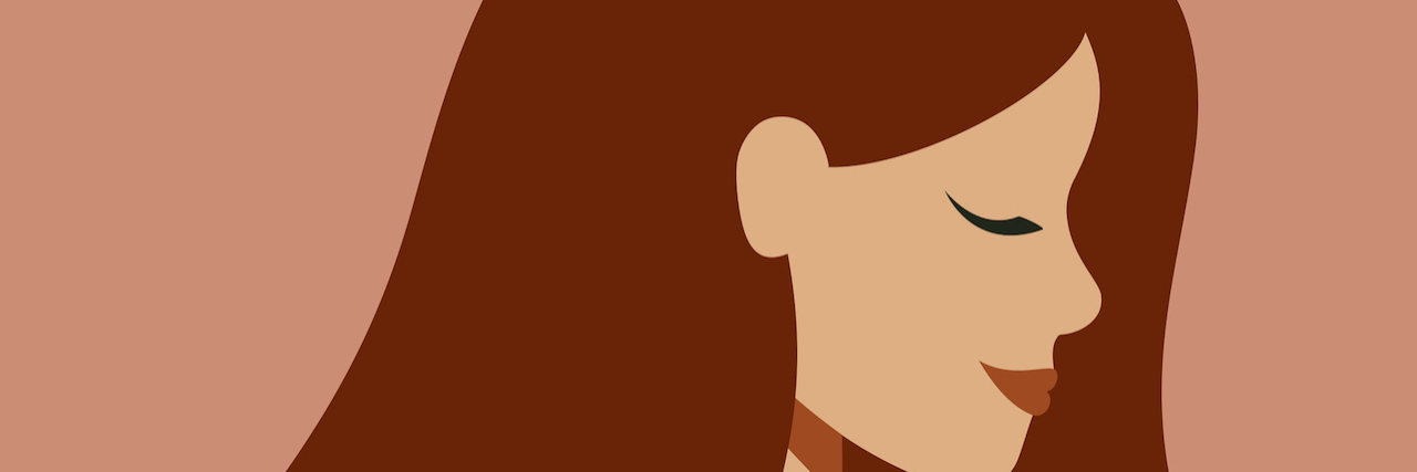 When Eating Disorder Recovery Takes Time Illustration of woman with dark red hair, slightly smiling with her eyes closed