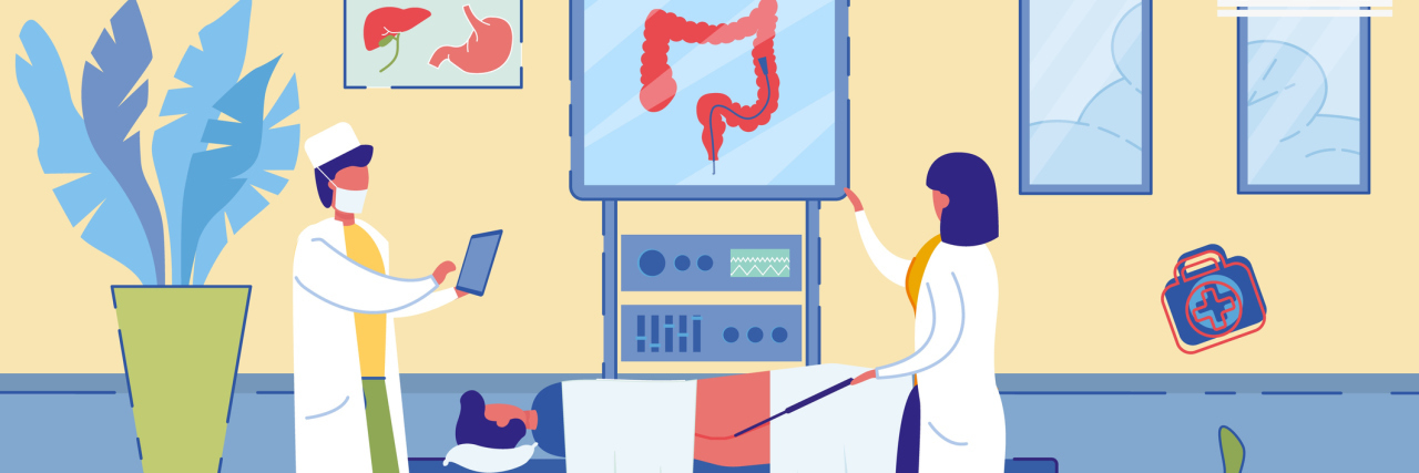 Illustrated doctors Screening Colon Diseases and Looking at Patients Intestine on Computer Monitor.