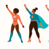 Cartoon of three female superheroes in capes, striking a hero pose with their arms in the air