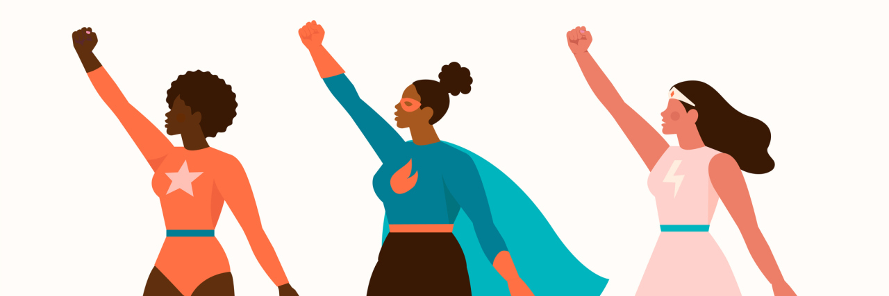 Using My Pain With Chronic Illness to Help Others Is My Superpower Cartoon of three female superheroes in capes, striking a hero pose with their arms in the air