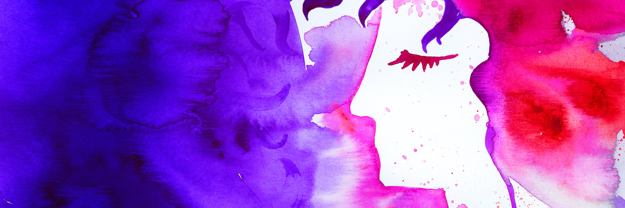 female profile drawn in watercolor on a purple background