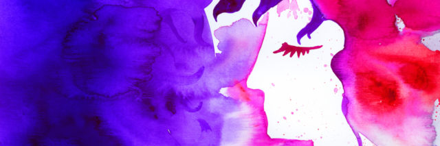 watercolor of a woman's side profile, purples and blues