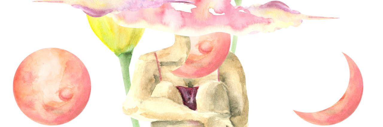 My Experience With Ketamine for Treatment-Resistant Bipolar Disorder Abstract illustration of woman sitting on floating chunk of earth with head in the clouds and pink moon phases, hugging her knees