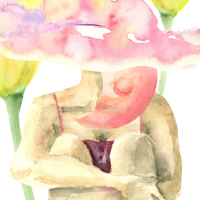 Abstract illustration of woman sitting on floating chunk of earth with head in the clouds and pink moon phases, hugging her knees