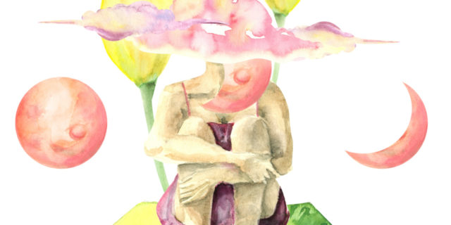 Abstract illustration of woman sitting on floating chunk of earth with head in the clouds and pink moon phases, hugging her knees