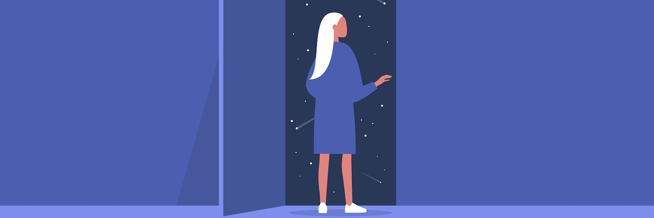 An illustration of a women opening a door. On the other side is space