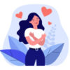 illustration of a woman with her arms around herself and hearts above her, self-love concept